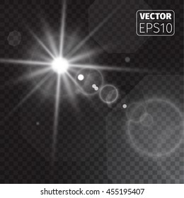 Realistic white beam light on transparent background.Vector illustration. 