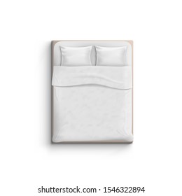 Realistic White Bed With Pillows Top View. EPS10 Vector