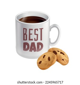 Realistic white best dad cup of coffee with two cookies vector illustration