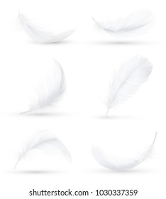 Realistic white bird feathers images set in 6 various positions and angles with shadow isolated vector illustration  