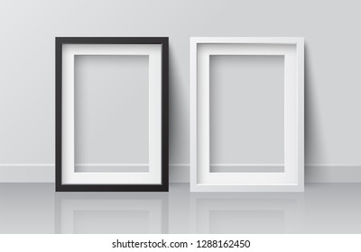 Realistic White and Black Blank Picture Square frame, standing on White Floor at
White Wall from the Front. 
Design Template for Mock Up.
Vector illustration