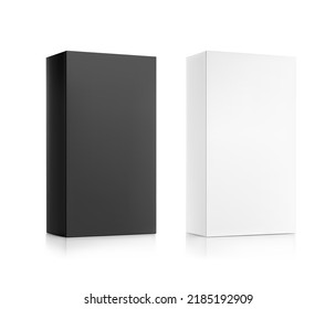 Realistic white and black box mockups. Perspective view. Vector illustration isolated on white background. Can be use for food, medicine, cosmetic and other. Ready for your design. EPS10.	