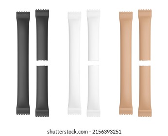 Realistic white, black and brown paper sachet bag set. Closed and open torn package mockup for coffee, sugar, salt, pepper or spices. Isolated vector design