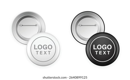 Realistic white and black button badge icon set isolated on transparent background. Front and back view. design template for branding. Vector illustration