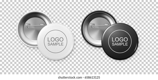 Realistic White And Black Button Badge Icon Set Isolated On Transparent Background. Front And Back View. Vector Design Template For Branding, Advertise Etc. EPS10 Mockup.