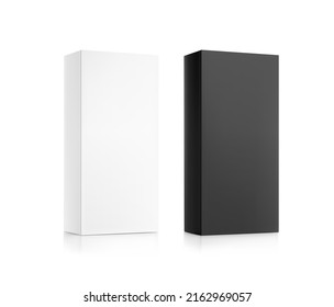 Realistic white and black cardboard box mockups. Perspective view. Vector illustration isolated on white background. Can be use for food, medicine, cosmetic and other. Ready for your design. EPS10.	