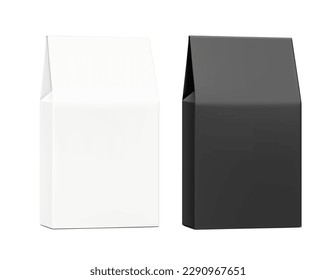 Realistic white and black cardboard box mockup with a triangle top. Half side view. Vector illustration isolated on white background. Ready for your design. EPS10.