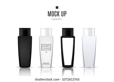 Realistic white and black cosmetic cream container and tube for cream, ointment, toothpaste, lotion Mock up bottle. Gel, powder, balsam, with design label. Soap pump. Containers for bulk mixtures.
