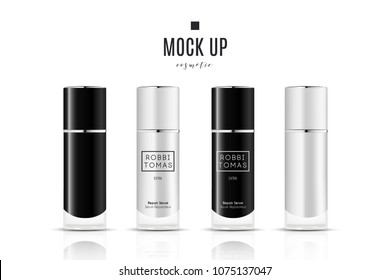 Realistic white and black cosmetic cream container and tube for cream, ointment, toothpaste, lotion Mock up bottle. Gel, powder, balsam, with design label. Soap pump. Containers for bulk mixtures.