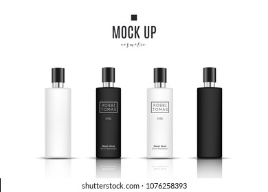 Realistic white and black cosmetic cream container and tube for cream, ointment, toothpaste, lotion Mock up bottle. Gel, powder, balsam, with design label. Soap pump. Containers for bulk mixtures.