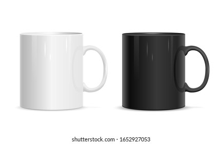 Realistic white and black cups. Template for mock up.