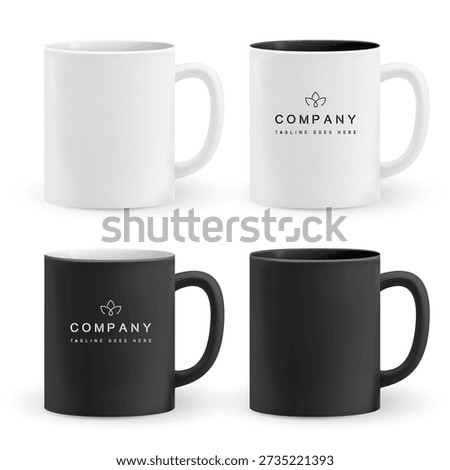 Realistic white and black mug mockup set with logo placement. Cup for branding, corporate identity, coffee or tea merchandise