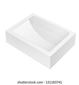 Realistic White Black Package Box lying with a transparent plastic window. For Software, electronic device and other products. Vector illustration