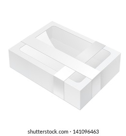 Realistic White Black Package Box lying with a transparent plastic window.