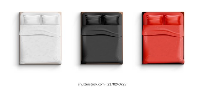 Realistic White, Black And Red Bed With Pillows Top View. EPS10 Vector