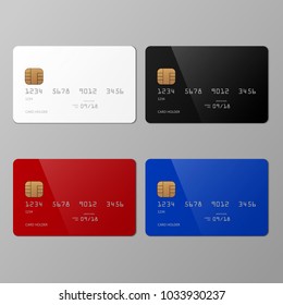 Realistic white, black, red and blue credit card mockup template with shadow, vector illustration