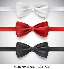 Realistic white, black and red bow tie, vector illustration, isolated on white background