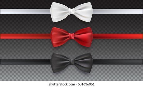 Realistic white, black and red bow tie, vector illustration, isolated on transparent background. Elegant silk neck bow.