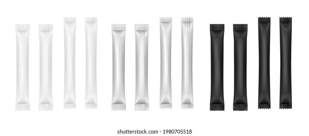 Realistic white and black sticks sachet. Long slim blank packaging set isolated. Drugs, coffee, salt, sugar, pepper, spices, candy wrappers template mockup. 3d vector illustration