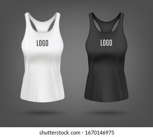 Realistic white and black tank top mockup set - modern sport shirt design template with text logo placeholder. Women's casual sportswear - vector illustration