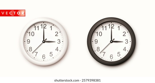 Realistic white and black wall clock isolated on white background. Set of modern classic office clocks with hour, second and minute hands. Round 3d watches. Vector illustration