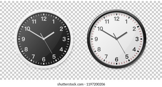 Realistic White and Black Wall Office Clock Icon Set. Design Template for Mockup, Graphics, Branding, Advertise. Wall Clock Mock-up Closeup Isolated on Transparent Background. Front or Top View