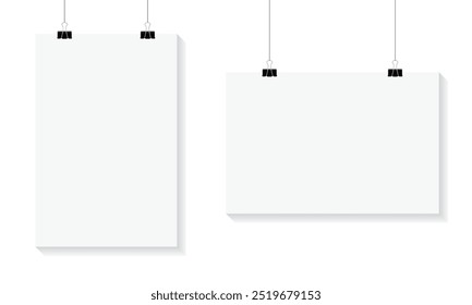 Realistic white blank A4 paper poster hanging with clip and rope. White blank posters hanging on binders. Vector mockup