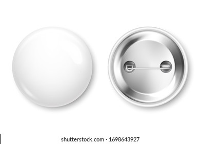 Realistic White Blank Badge. 3D Glossy Round Button. Pin Badge Mockup. Vector Illustration.