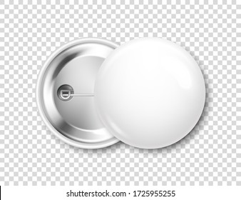 Realistic White Blank Badge. 3D Glossy Round Button. Pin Badge Mockup. Vector Illustration.