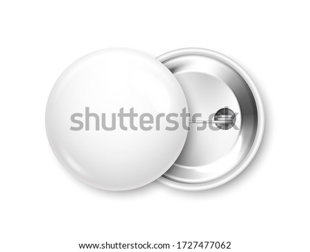 Realistic white blank badge. 3D glossy round button. Pin badge mockup. Vector illustration.