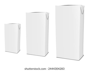 Realistic white blank brick shaped carton different sizes. Vector mockup set. Paperboard box for milk, juice or other food product mock-up. Template for packaging design