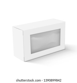 Realistic White Blank Cardboard Take Away Box Packaging With Transparent Plastic Window. EPS10 Vector