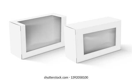 Realistic White Blank Cardboard Take Away Box Packaging With Transparent Plastic Window Set. EPS10 Vector