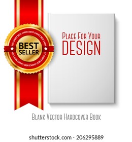 Realistic White Blank Hardcover Book, Front View With Golden And Red Best Seller Label. Isolated On White Background For Design And Branding. Vector