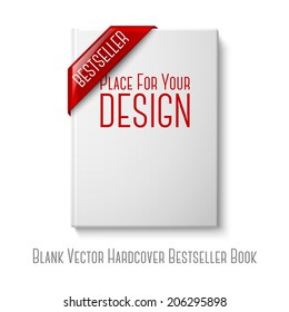 Realistic White Blank Hardcover Book, Front View With Red Best Seller Corner Ribbon. Isolated On White Background For Design And Branding. Vector