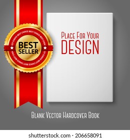 Realistic White Blank Hardcover Book, Front View With Golden And Red Best Seller Label. Isolated On Grey Background For Design And Branding. Vector