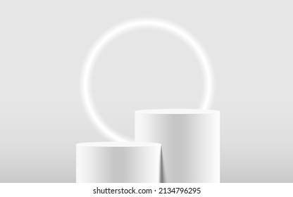 Realistic white blank long product podium 2 step scene isolated with round neon light on white background. Cylinder mock up scene. Geometric round shape for product branding. 3d vector illustration