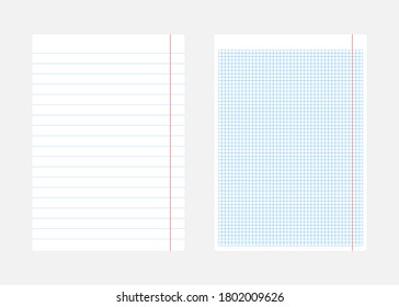 Realistic white blank notepad paper page template with squared and lined. Mock up cover for business memo diary and empty sketchbook notebook