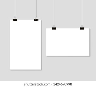 Realistic white blank  paper format A4 in mockup style.Empty blank paper sheets hanging on binder clips. Mockup template format A4 on grey background. vector eps10