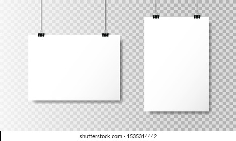 Realistic white blank paper format A4 in mockup style. Empty blank paper sheets hanging on binder clips. Poster hanging on a rope with clips on transparent background. vector illustration