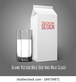 Realistic white blank paper package and glass for milk, juice, cocktail etc. Isolated on grey background, for design and branding. Transparent glass for every background. Vector