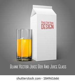 Realistic white blank paper package and glass for juice, milk, cocktail etc. Isolated on grey background, for design and branding. Transparent glass for every background. Vector