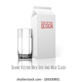 Realistic white blank paper package and glass for milk, juice, cocktail etc. Isolated on white background with reflection, for design and branding. Transparent glass for every background. Vector