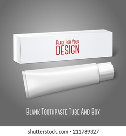 Realistic white blank paper package box with tube for oblong stuff - toothpaste, cosmetics, medicine etc. Isolated on grey background for design and branding. Vector