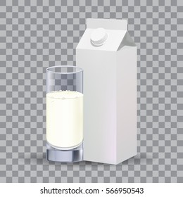 Realistic white blank paper package and glass for milk, juice. Isolated on transparent grid, for design and branding. Transparent glass for every background