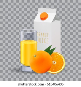 Realistic white blank paper package and glass for milk, juice. Isolated on transparent grid, for design and branding. Transparent glass for every background.