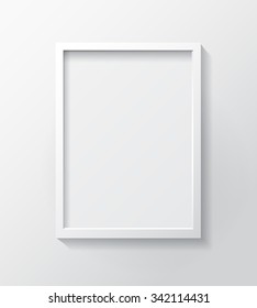 Realistic White Blank Picture frame, hanging on a White Wall from the Front. 
Design Template for Mock Up. Vector illustration