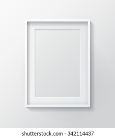 Realistic White Blank Picture frame, hanging on a White Wall from the Front. 
Design Template for Mock Up. Vector illustration