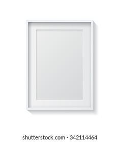 Realistic White Blank Picture frame, hanging on a White Wall from the Front. 
Design Template for Mock Up. Vector illustration