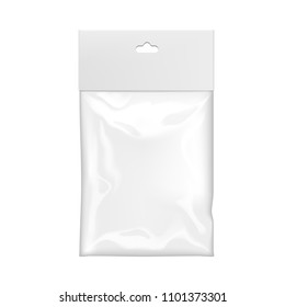 Realistic White Blank Plastic Pocket Bag With Hang Slot. EPS10 Vector